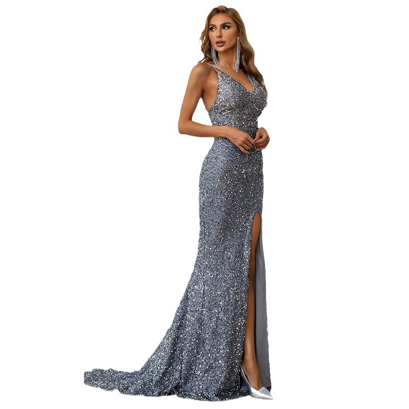 2023 European and American Sequin Trailing Split Long Dress Sexy V-Neck Sling Dress Banquet Evening Dress Women Amazon