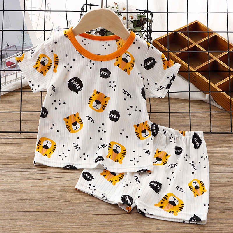 Children's Summer Clothes Baby Ice Silk Short-sleeved Set Baby's Thin Pajamas Boys' Air-conditioning Clothes Girls' Two-piece Set for Summer