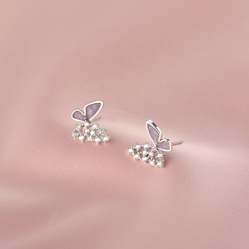 Purple Butterfly stud earrings Women's Light luxury elegant asymmetric small butterfly earrings daily commuter simple inlaid zircon earrings