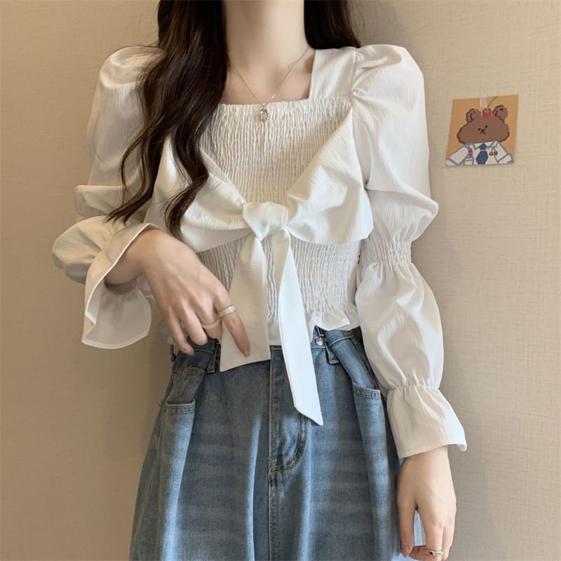 2024 New French style niche short long sleeve shirt design slim fit slimming bow bottoming shirt top for women