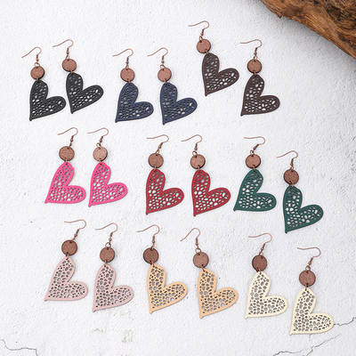 European and American fashion Valentine's Day love Wood Hollow mesh leather women's earrings AliExpress Amazon Xi Yin