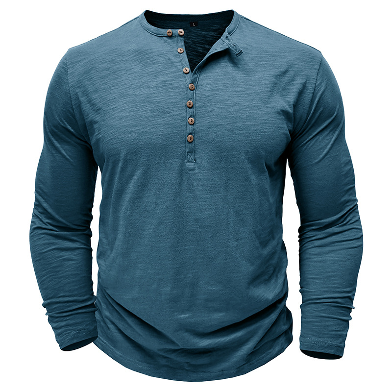 2024 Autumn and Winter Cross-border Men's Wear Foreign Trade Men's Long-sleeved T-shirt Outdoor European and American Men's Henry Shirt Slub Cotton Top