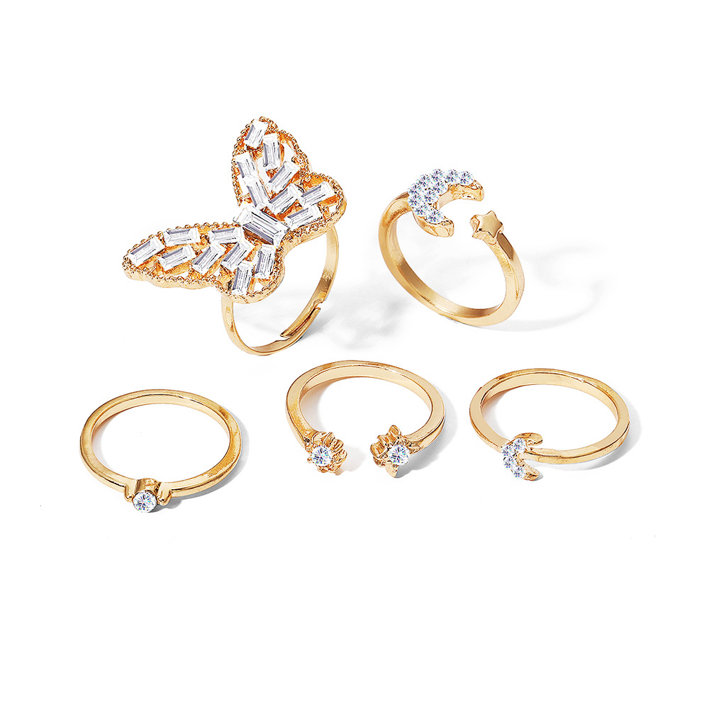 创意女式镶嵌水钻戒指光身复古金色个性独立包装蝴蝶戒指5件套