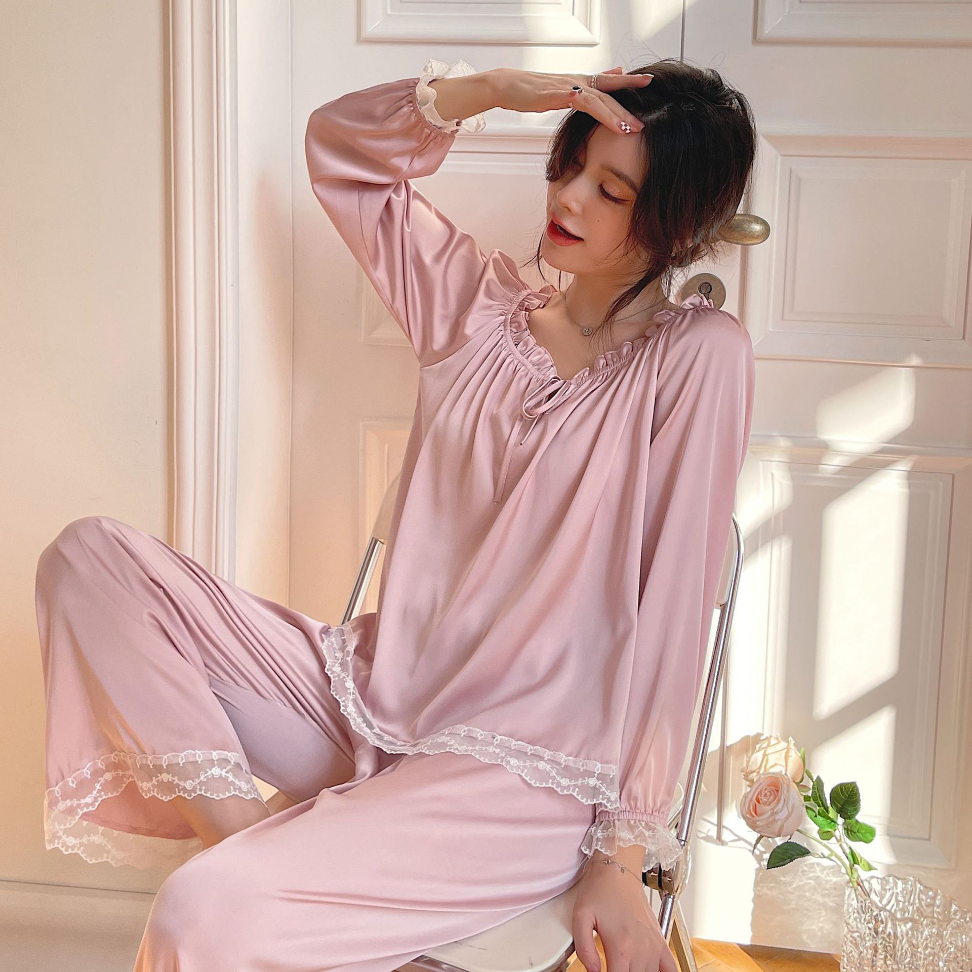 Pajamas Women's Autumn and Winter French Court Ice Silk Princess Style Silk Home Clothes Sweet Home Long Sleeve Trousers Set
