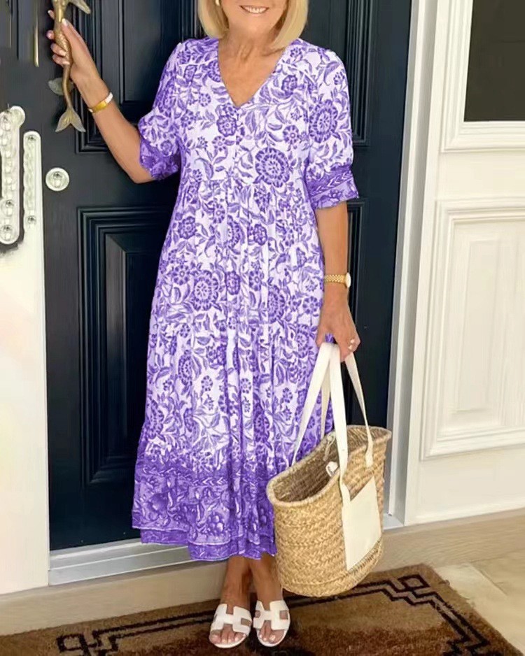 Amazon European and American Foreign Trade Elegant Long Loose Floral Dress Women's V-neck Printed Large Size Dress