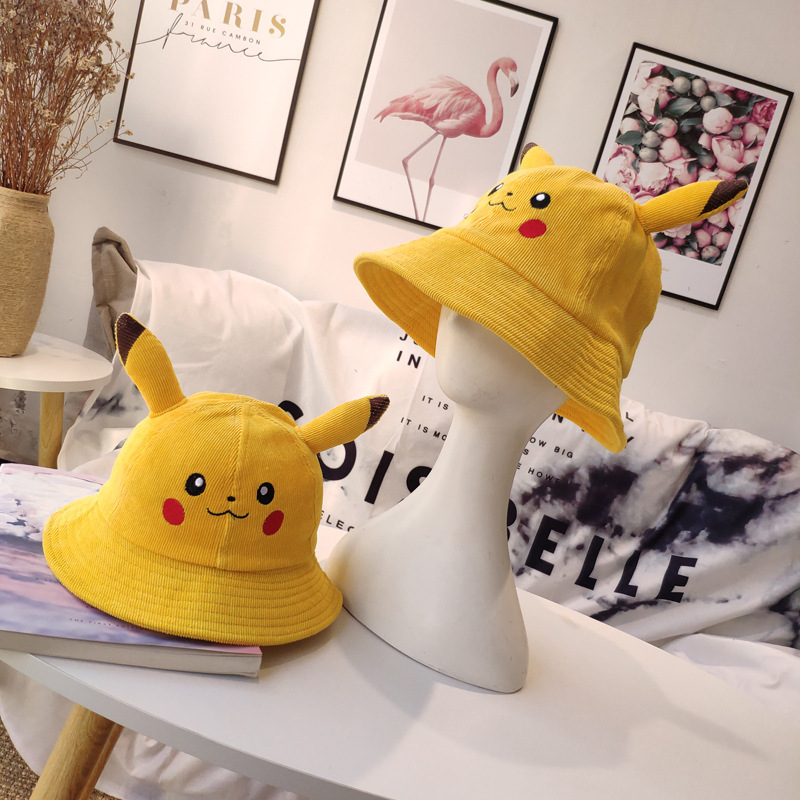 Pikachu Hat Yellow Fisherman Hat Women's Spring and Summer Children's Cute Japanese Ear Cartoon Parent-Child Sun Hat Mother-Daughter