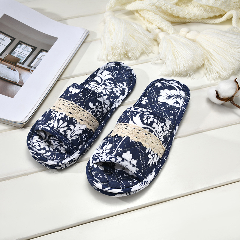 Autumn and winter women's cotton slippers home lace edge non-slip soft bottom confinement shoes warm home couple open toe slippers