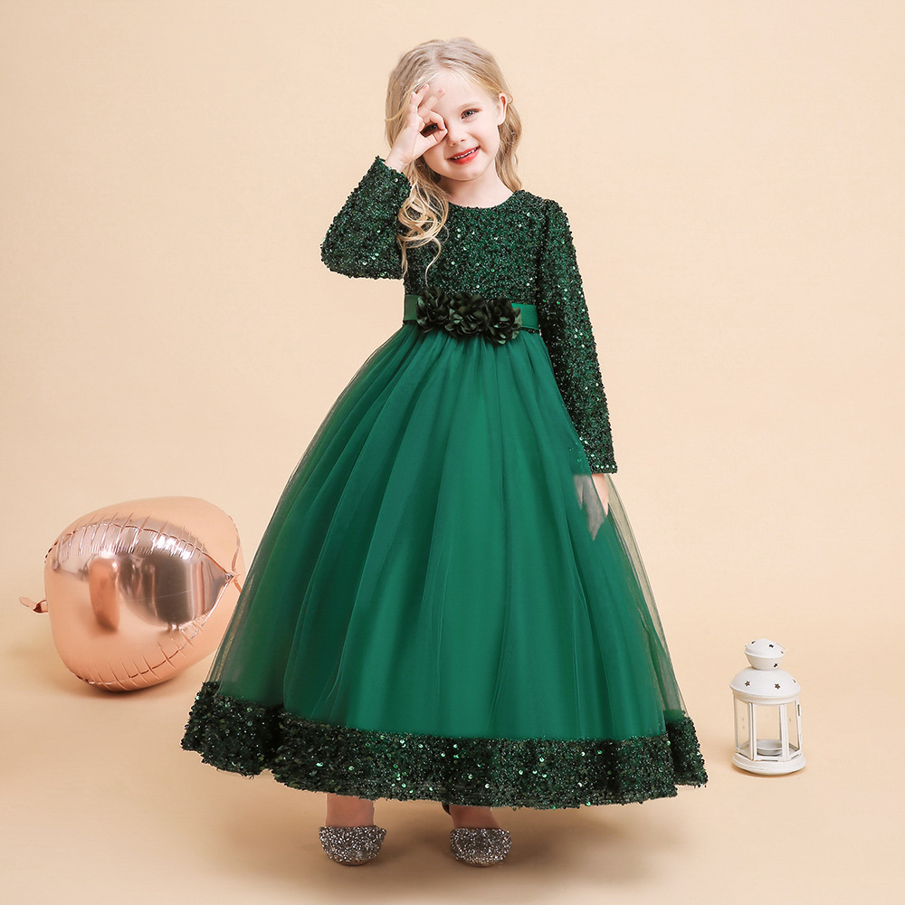 Amazon New Children's Formal Dress Princess Skirt Girl Long Sleeve Glitter Dress Christmas Costume