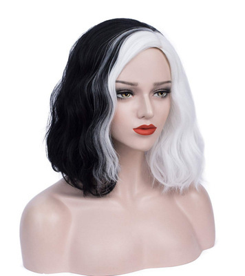 Cross-Border black and white yin and yang wig medium and long roll wig without bangs WAVE Stitching head cover kuila wig