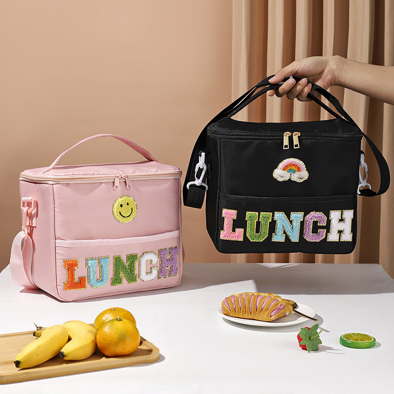 Towel Embroidered Letters Outdoor Large Capacity Crossbody Shoulder Picnic Bag Camping Picnic Travel Thermal Insulation Portable Lunch Bag