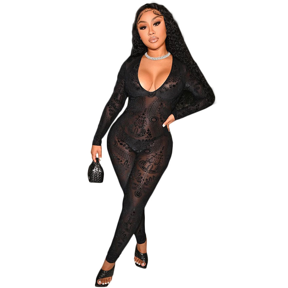 DY6676 European and American women's clothing Amazon Wish sexy deep U perspective mesh printed slim jumpsuit nightclub