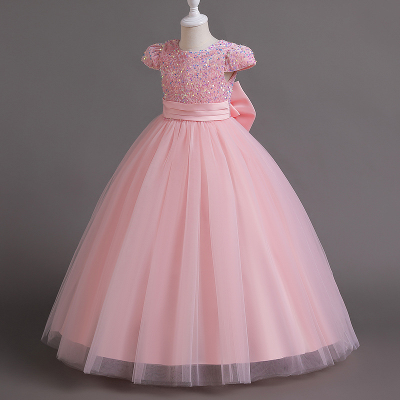 Girl's Dress Evening Dress Evening Dress Sequin Mesh Puff Dress Long Princess Dress Back Bow Sweet