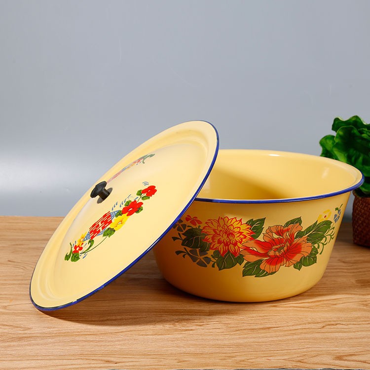 Wholesale enamel bowl old-fashioned household lard basin with lid yellow double happiness enamel bowl instant noodles spicy hot pot soup bowl