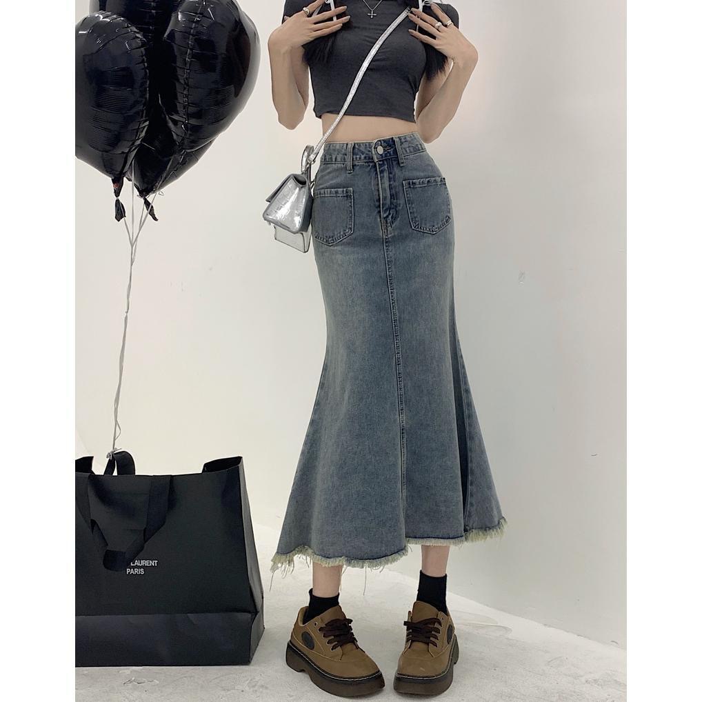 Raw edge denim skirt women's spring and autumn new high-waist slim fishtail skirt hip-covering skirt A-line skirt mid-length skirt