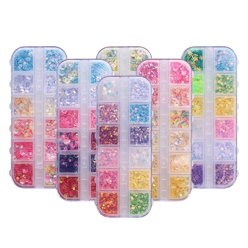 高閃炫彩12格盒裝美甲亮片 超閃美甲飾品手工DIY材料花朵鑽石