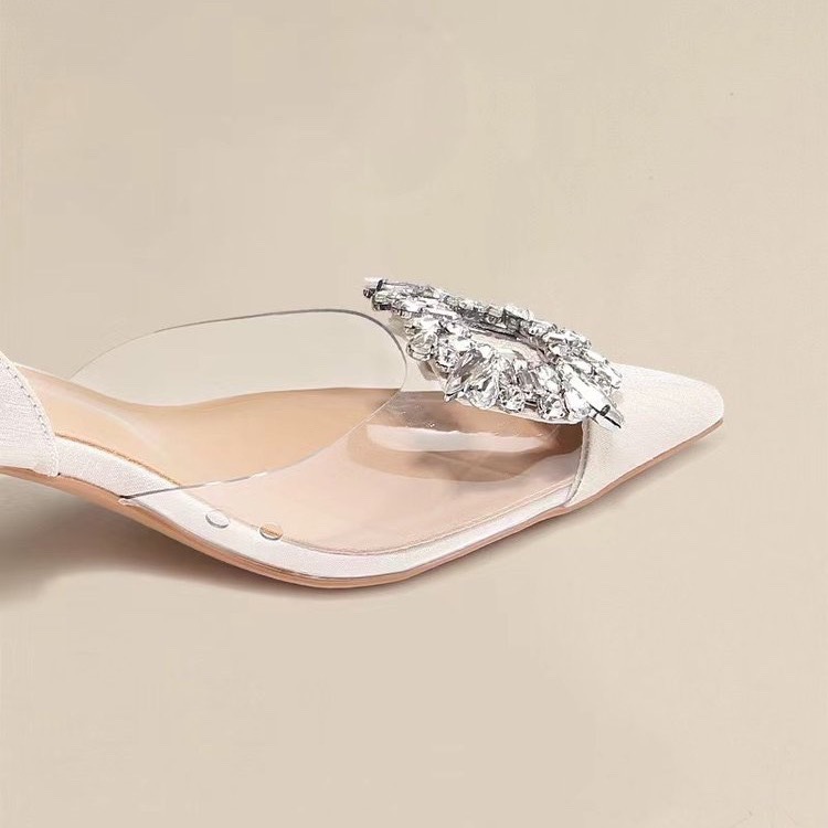 2023 nude apricot transparent square buckle back empty stiletto heel closed toe sandals for professional interview pointed high heel single-layer shoes for women