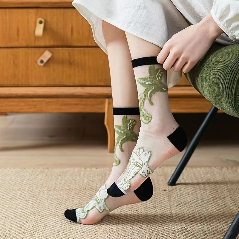 JK Glass Silk Socks for Women Summer Crystal Stockings Ultra-thin Transparent Cassette Cotton Bottom Mid-calf Socks for Women Manufacturers Wholesale