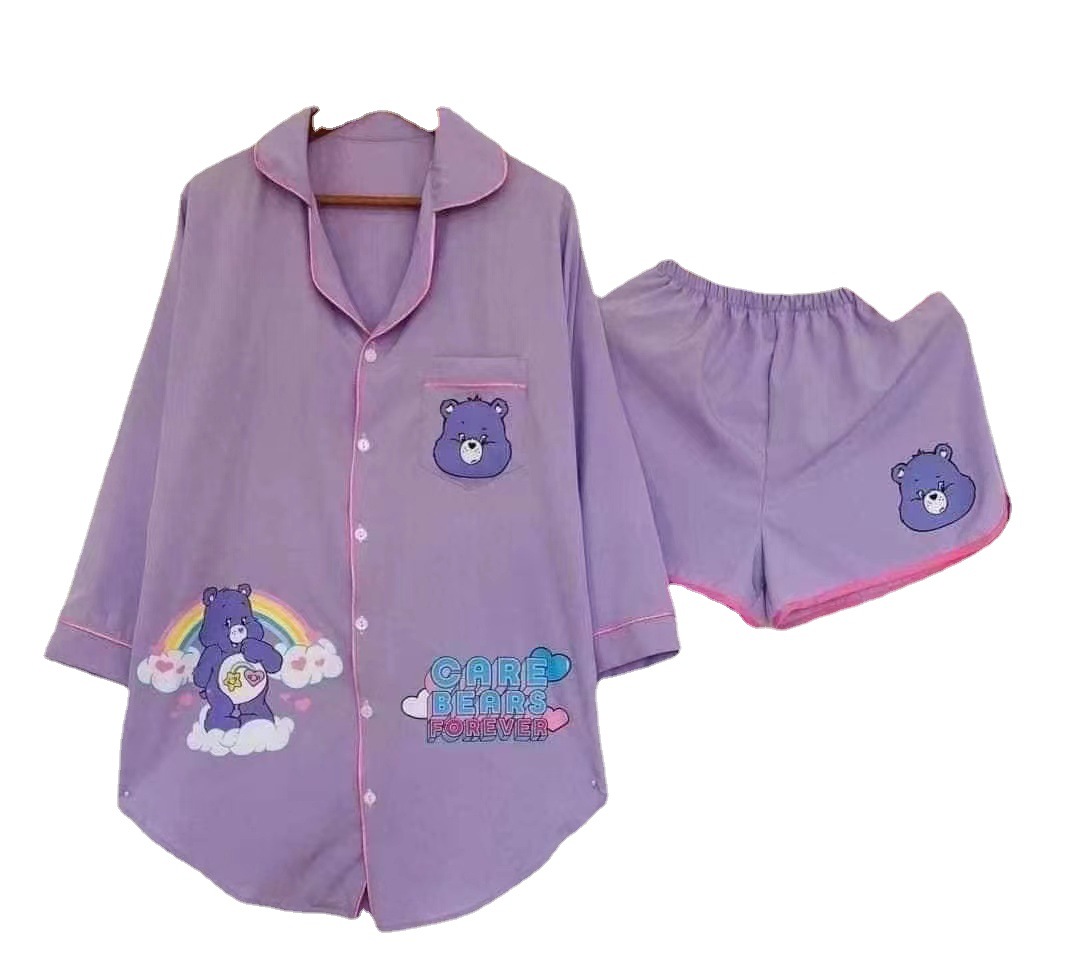 Thailand Hot Selling Pajamas Set Women's Spring and Autumn Loose Cardigan Women's Cartoon Long Sleeve Nightgown Shorts Home Clothes