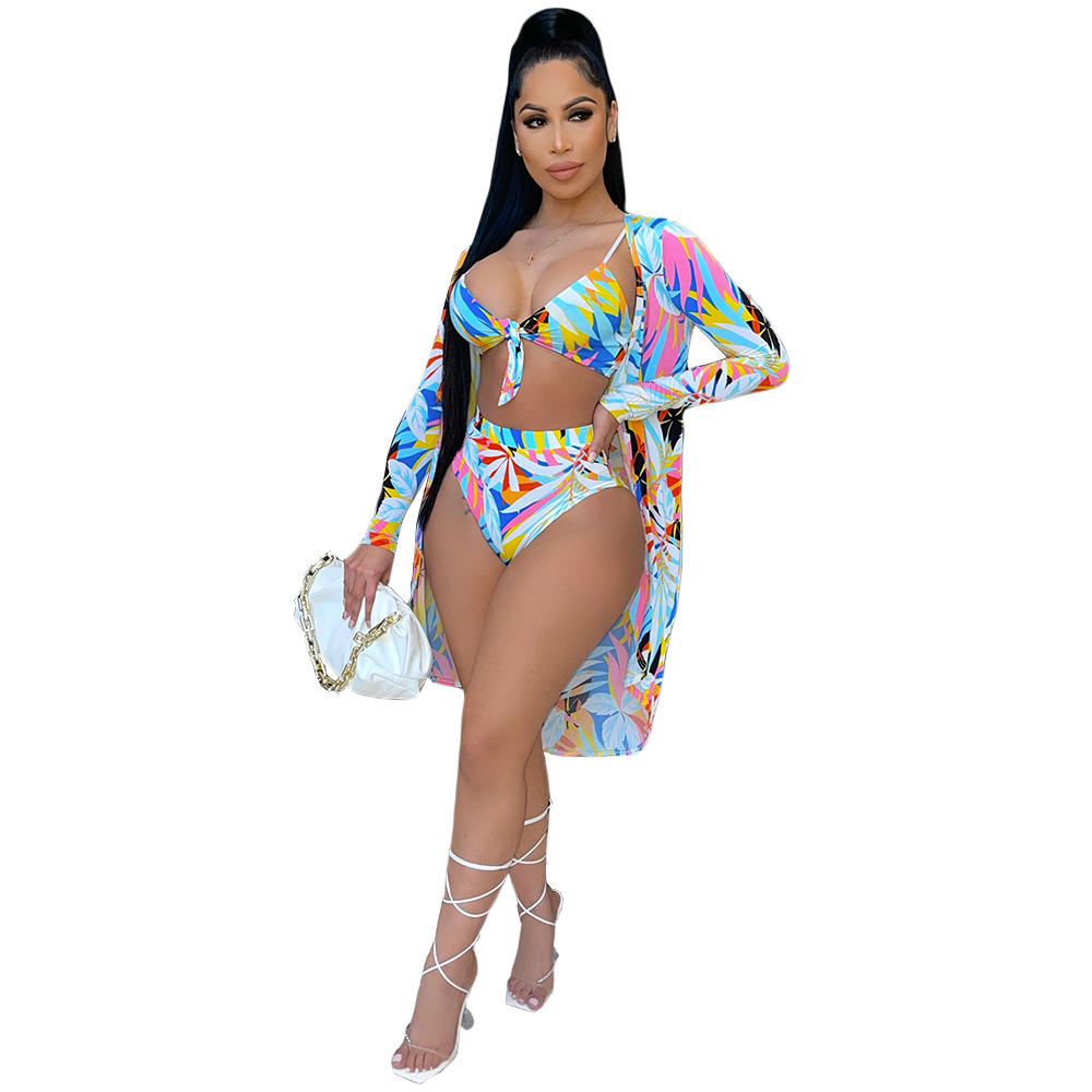 DY6991 Amazon European and American women's fashion sexy printed cloak bikini split swimsuit three-piece suit
