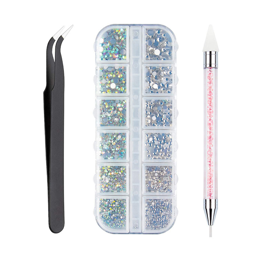 New hot nail jewelry set AB color + full silver flat drill point drill no logo curved tweezers spot