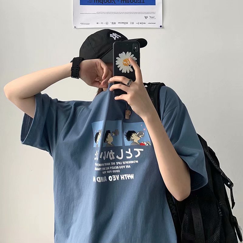 Trendy Brand Hong Kong Style Cartoon T-shirt Men's Trendy Loose Blue Short-sleeved 2021 Summer New Style Men's T-shirt Clothes ins