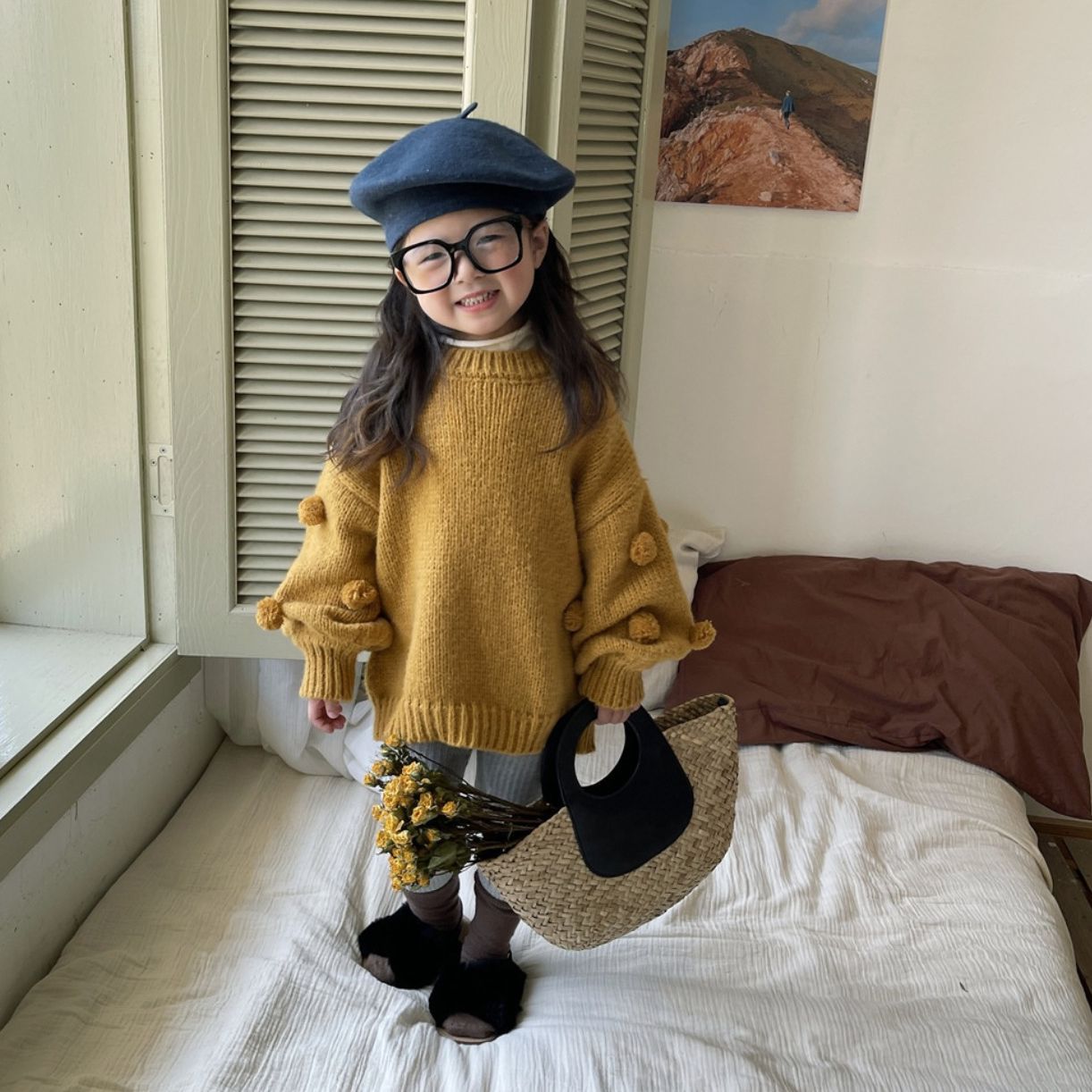 女童長袖套頭毛衣2023秋新款兒童洋氣立體毛球針織衫寶寶秋冬上衣