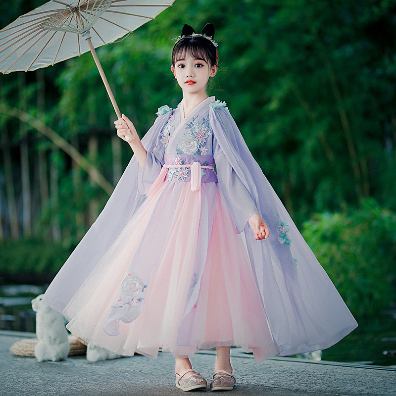 Children's Hanfu Summer Ancient Style Dress, Long Sleeve Ancient Costume for Girls, Chinese Style Tang-style Ruqun Hanfu Children's Wholesale