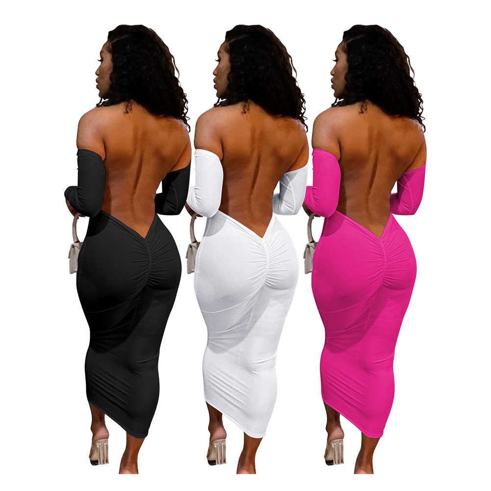 D88211 European and American Women's Clothing Amazon Hot Cross-border Supply New Backless Shoulder Long Sleeve Solid Color Dress