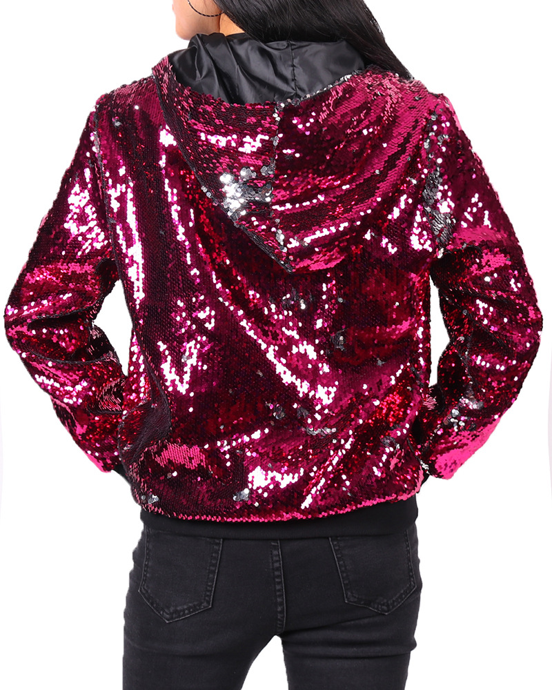 Amazon autumn and winter new women's flip sequined jacket hooded baseball uniform European and American shiny jacket parka suit