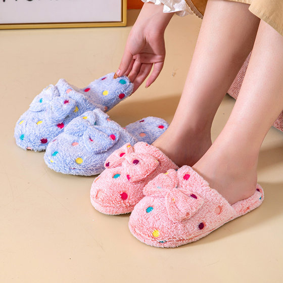 Bowknot Winter Women Baotou Japanese and Korean Style Sweet Girl Wood Floor Home Warm Cotton Slippers