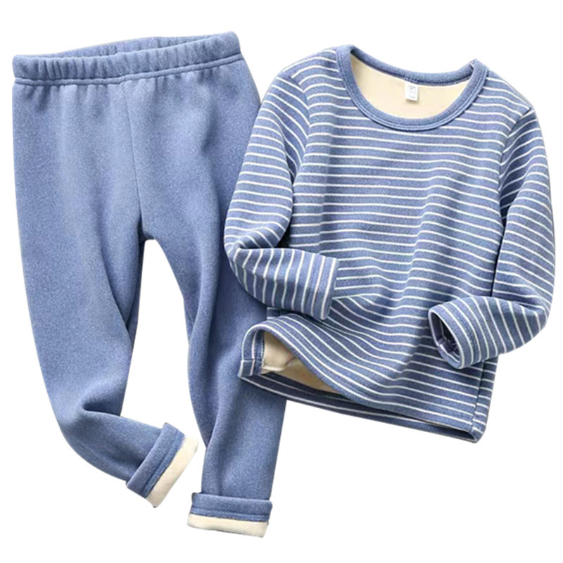 2023 autumn and winter children's fleece-lined thickened striped pajamas home wear small and medium boys and girls bottoming thermal underwear suit