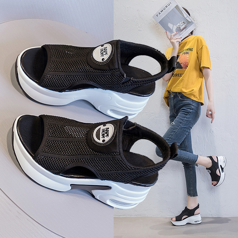 8cm Women's Sandals Black White Breathable Mesh Fly Woven Heightened Sandals Summer Breathable Wedge Sandals Women