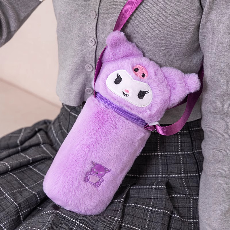 Japanese Style Cute Sanrio Kulomi Cartoon Fluffy Bag Kettle Bag Crossbody Cup Cover Thermos Cup Protective Cover for Women