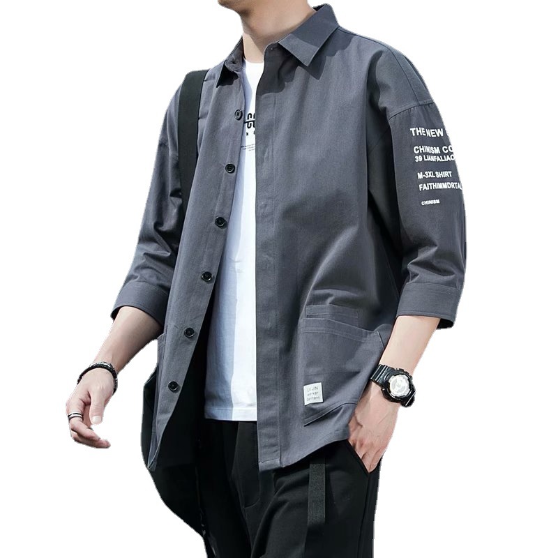 Men's Shirt Seven-point Sleeve Summer Loose Short-sleeved Shirt Hong Kong Style Japanese Style Shirt Summer Thin Casual Coat Trendy