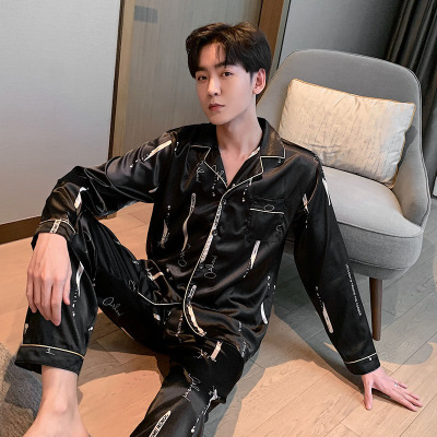 New Arrival Pajamas Men's Ice Silk Long Sleeve Cardigan Lapel Emulation Silk Plus Large Size Home Suit Outfit