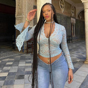 Europe and the United States cross-border 2023 spring and summer new hot girl pure wind Top Sexy Slim lace V collar horn sleeve