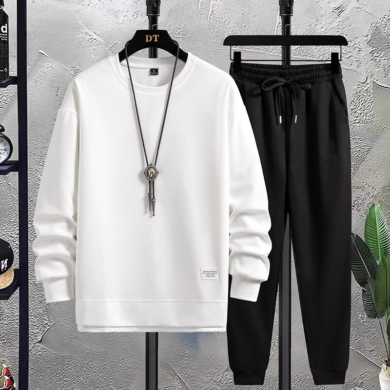 2023 trendy brand waffle fake two-piece sweater men's autumn youth loose round neck long sleeve T-shirt men's wholesale