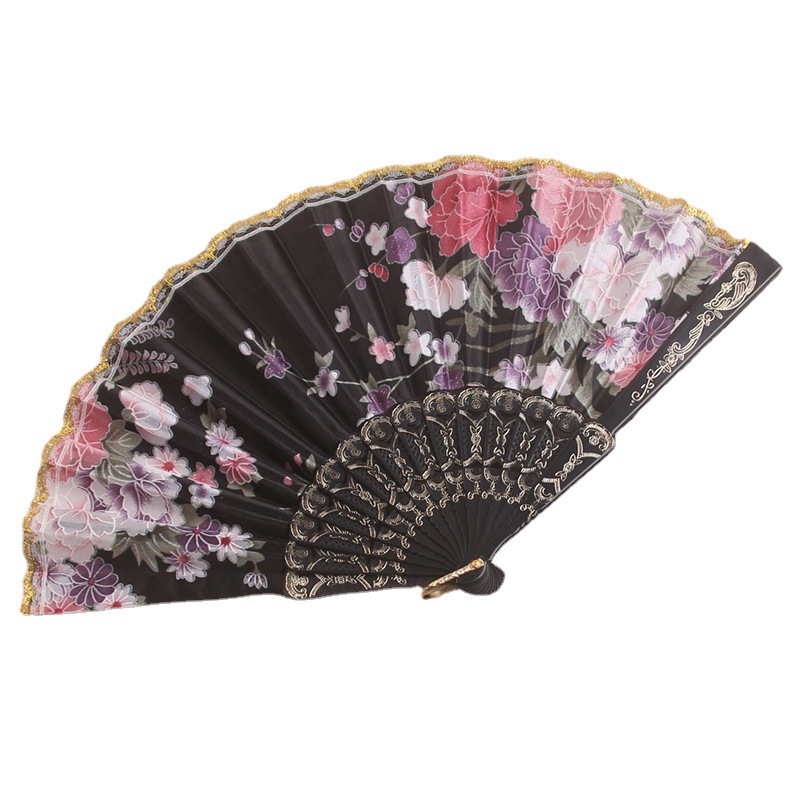 Silk cloth fan plastic fan lace folding fan satin fan floral hot stamping dance fan color factory direct sales