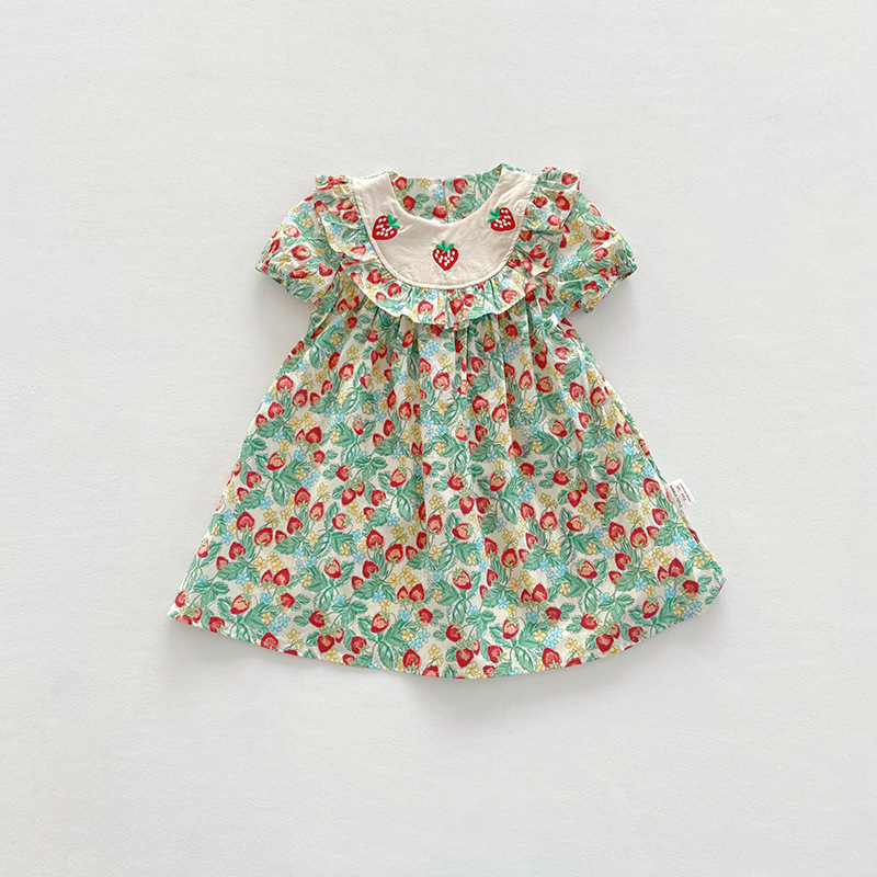 Strawberry Embroidered Ruffled Girl Dress 2023 Summer New Fruit Printed Children's Short Sleeve Doll Dress