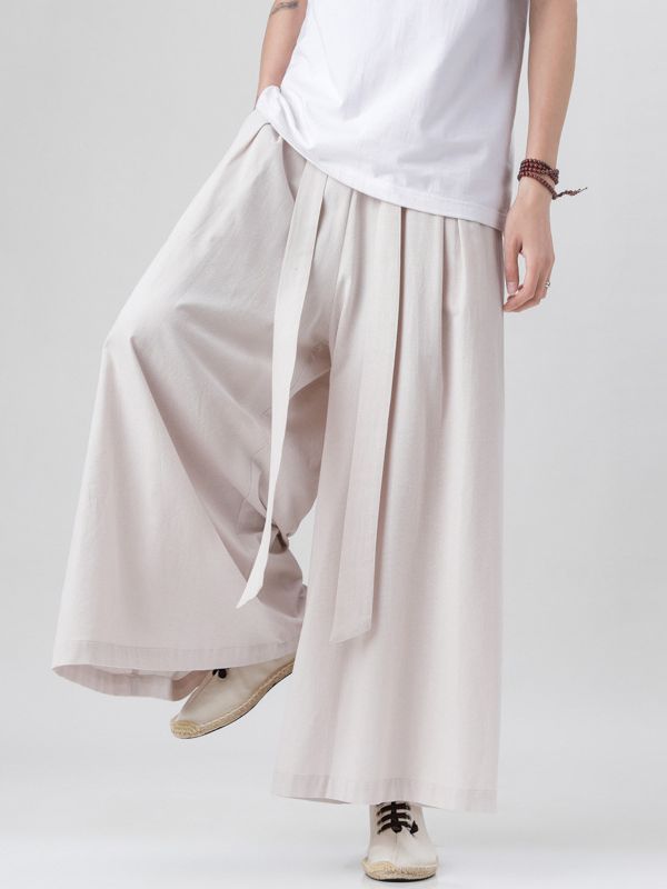 2023 Summer New Chinese Style Cotton and Linen Pants Men's Wide Leg Pants Thin Linen Solid Color Ribbon Large Size Casual Pants