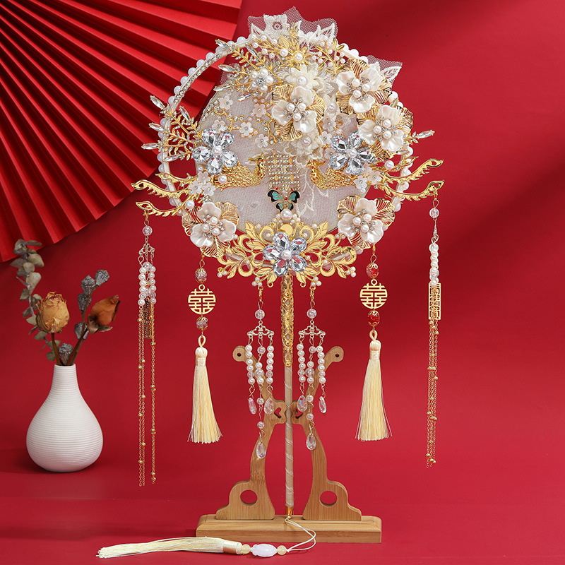 New Chinese bride holding fan wedding ancient style long handle round fan wedding hanfu headdress finished fan DIY material
