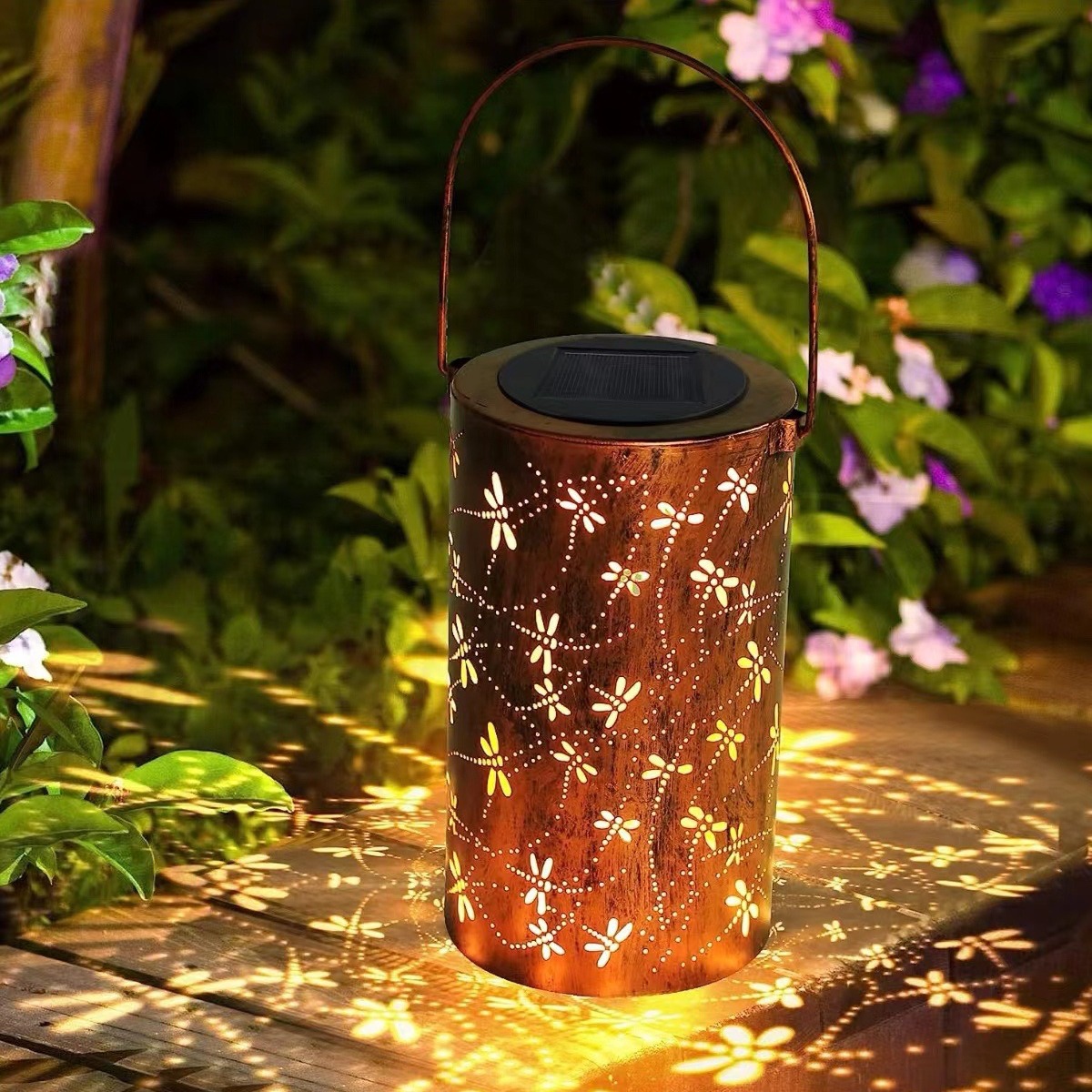 Solar Dragonlamp Outdoor Waterproof Courtyard Decoration Iron Cylinder Hollow Lantern Garden Landscape Decoration Hanging Lamp