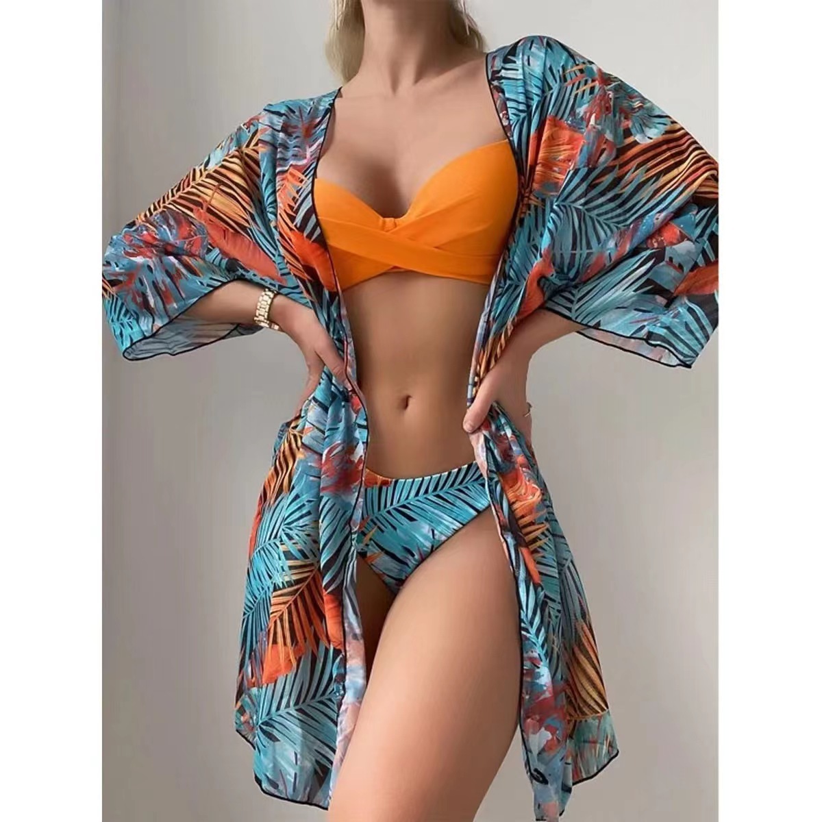2024新款泳衣歐美三件套外披歐美女裝跨境比基尼分體泳衣女bikini