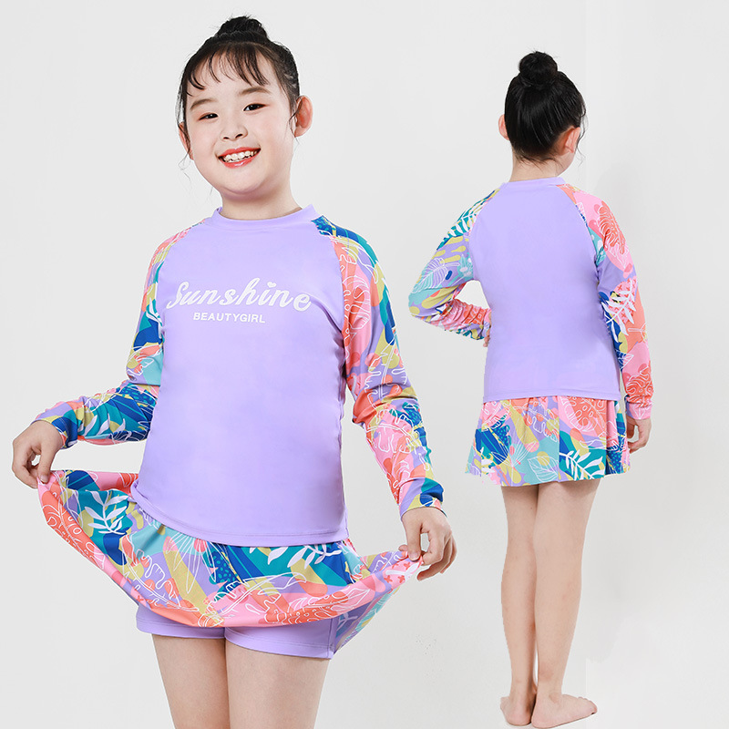 Children's Swimsuit Girls' Middle and Big Children's Split Swimsuit for Chubby Children Quick-drying Sunscreen Solid Color Floral Hot Spring Swimsuit for Summer