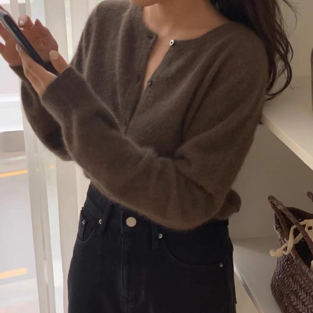 Raccoon Fur short knitted cardigan autumn and winter women's clothing 2023 new round neck stacked bottoming sweater coat top