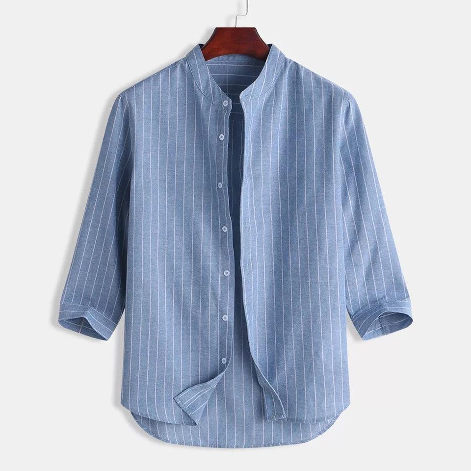 2023 new Japanese striped youth thin stand collar linen 3/4 sleeve men's shirt fresh Artistic style