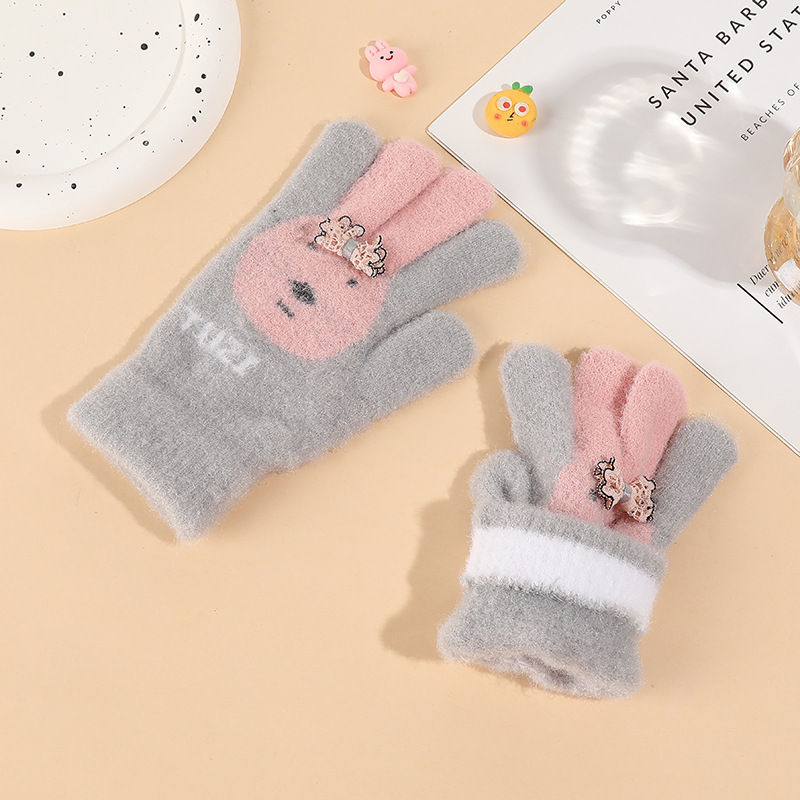 Children's winter 3-6 years old gloves outdoor finger rabbit cute cartoon winter velvet warm cold gloves wholesale