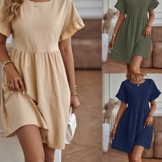2024 Amazon European and American cross-border women's clothing foreign trade independent station New elegant round neck loose cotton and linen dress women