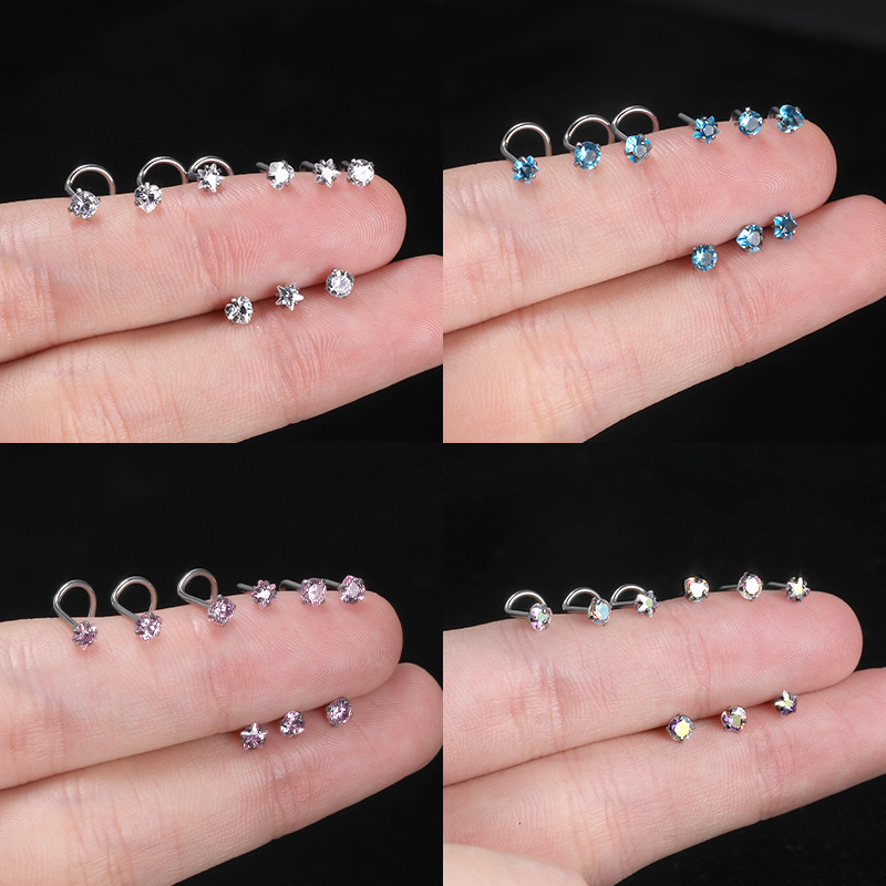 European and American classic stainless steel zircon nose nail star right angle titanium steel nose set puncture jewelry spot