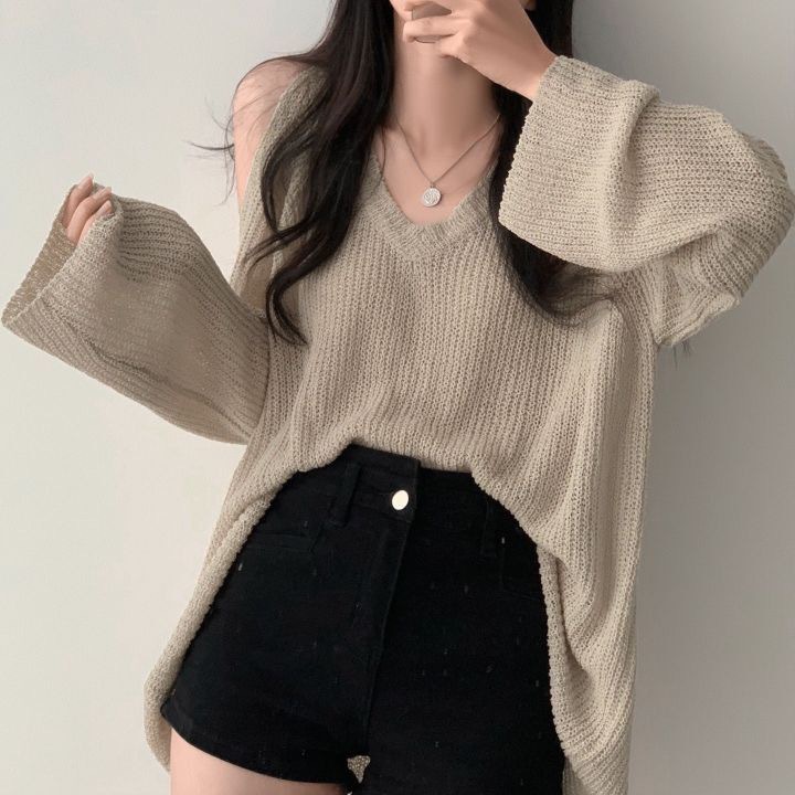 South Korea chic elegant V-neck off-shoulder loose lazy versatile casual sun protection solid color long sleeve sweater women's top_voghion.com